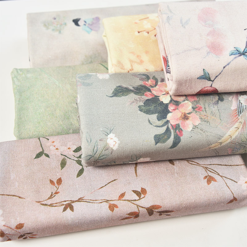 加密棉麻布料中国风印花布桌布面料门帘沙发盖布diy布头处理