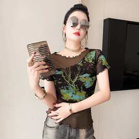 跨境夏新款防晒衣时尚修身拼接网纱印花圆领短袖褶皱T恤女潮代发