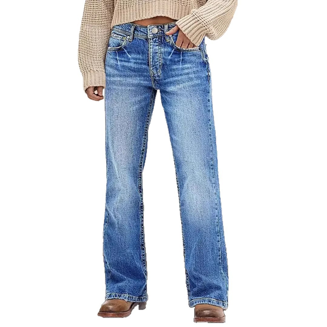 Jeans de Pierna Ancha para Mujer de Mezclilla de Algodón, Tiro Alto, Corte Relajado, Microelástico, para Uso Diario image 6