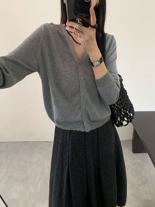 韩系V领毛针织开衫女早秋穿搭新款长袖显瘦休闲毛衣短款薄款上衣|undefined
