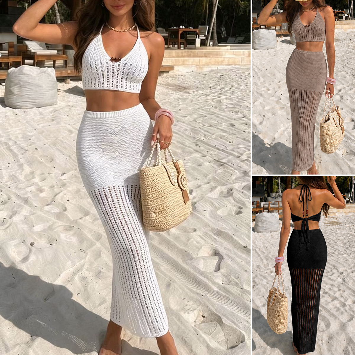 New Fashion Suit European and American Foreign Trade Beaded Back Strap Top Hollow Texture Hip-Covering Half-Length Skirt Two-Piece Set