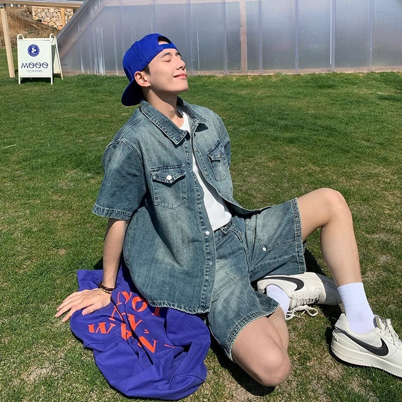 American Trendy Brand Denim Shirt Washed Casual Shirt Jacket Men's Matching Jeans Shorts Summer Suit Trendy