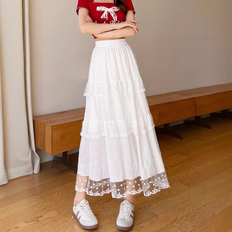 White Lace Cake Skirt for Women 2026 New Spring and Summer High-Waisted A-Line Pleated Mid-Length Skirt for Petite Figures