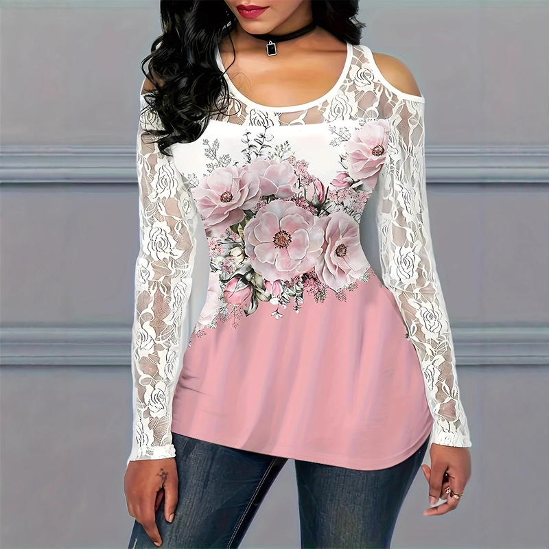 In Stock! New Lace Stitching Long-Sleeved Plant Flower Print Women's Round Neck T-Shirt In Stock! New Lace Stitching Long-Sleeved Plant Flower Print Women's Round Neck T-Shirt