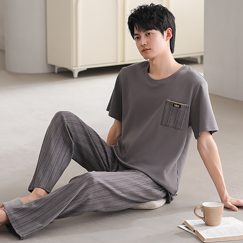 Pijamas de algodón masculino de primavera y otoño de manga larga de algodón de tamaño grande de otoño y invierno de ropa de casa para niños