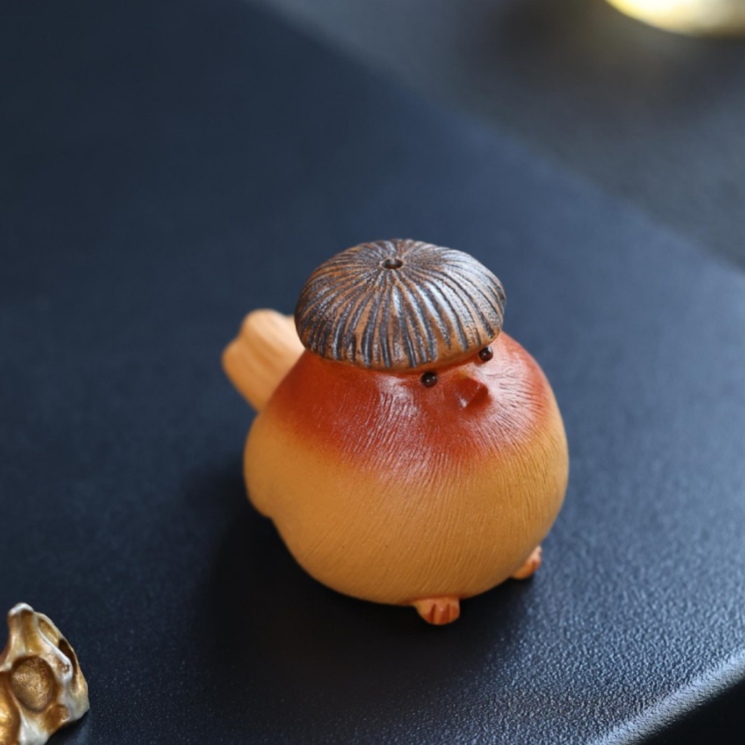 宜兴紫砂锅盖头小鸡香插摆件手工可爱小鸟茶宠盖置段泥可养茶玩
