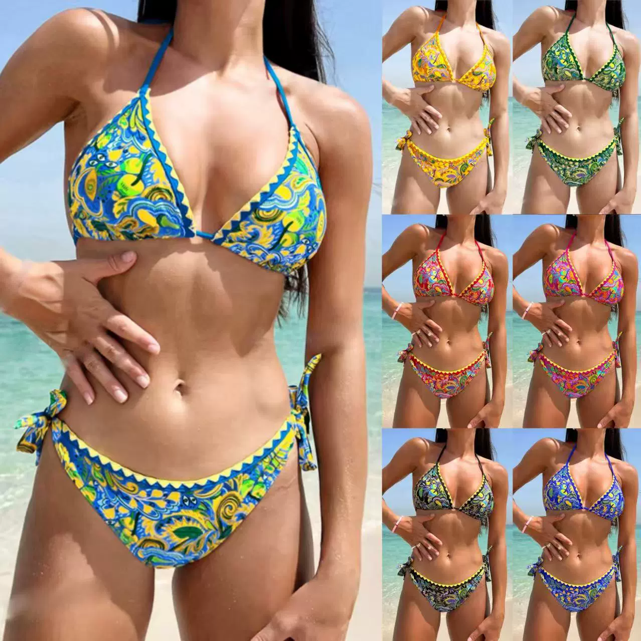 波西米亚印花分体bikini三角系带复古性感比基尼欧美外贸跨境泳衣