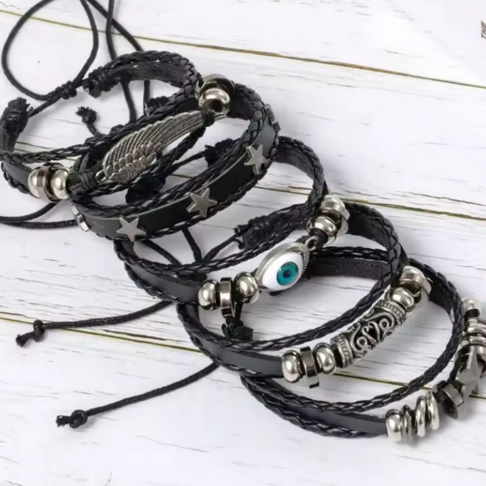 Cross-border Men's DIY Bracelet Weaving Kit, Leather Bracelet, Popular Skull And Star Beaded Punk Style Set_voghion.com