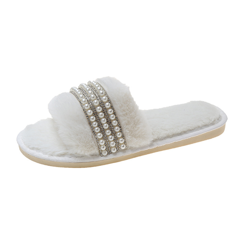 Pantuflas de Peluche con Perlas para Mujer, Pelo de Conejo Algodón Antideslizante para Casa image 5