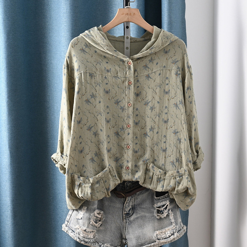 Japanese-Style Artistic Fresh Floral Hooded Three-Quarter Sleeve Shirt, Loose Oversized Gauze Sun Protection Jacket, Double-Layer Cotton Japanese-Style Artistic Fresh Floral Hooded Three-Quarter Sleeve Shirt, Loose Oversized Gauze Sun Protection Jacket, Double-Layer Cotton