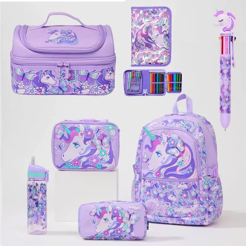 Mochila escolar Smiggle para estudiantes de grado 1-6, mochila de unicornio de descompresión grande, mochila escolar, papelería, bolsa de comida, taza de agua, billetera