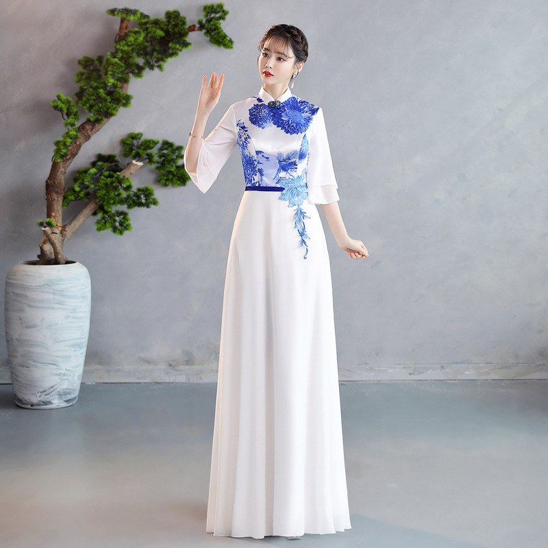 Chinese Style Stand Collar Long Dress Printed Chiffon Banquet Evening Wear Large Choir Stage Catwalk Performance Classy