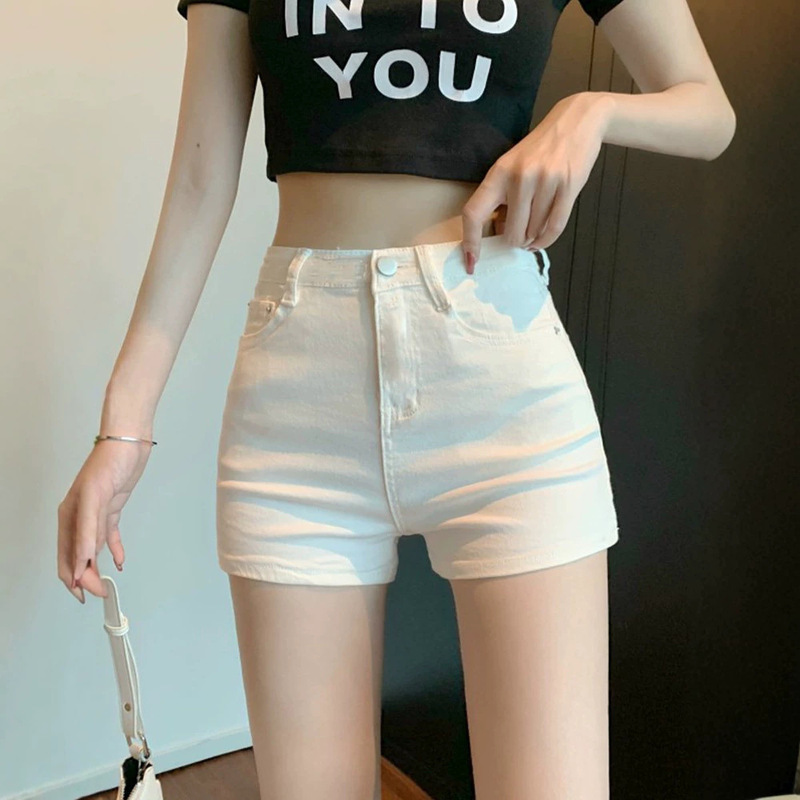 White Denim Shorts for Women, Summer Thin Style, Petite Black Shorts, High-Waisted, Stretchy, Slimming, Hip-Hugging A-Line Hot Pants