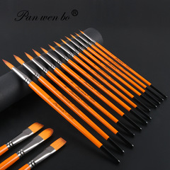 跨境木質12支畫筆套裝橙色杆美術繪畫尼龍毛水粉筆刷畫畫工具批發