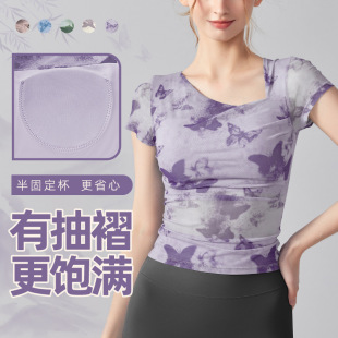 Ink Print Mesh Yoga Clothing Short-sleeved with Chest Pad Slim-fit Soft Pleated Sports Blouse New Chinese Style Top for Women