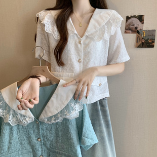 2025 Summer Dress Xiaoxiang Socialite Style Doll Collar Lace Shirt Short plus size Women's Women's Shirt Short Top