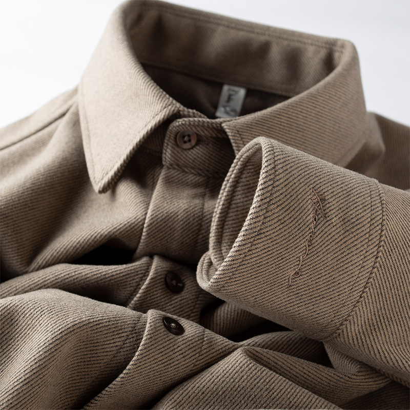 咖色的复古风！棕色磨毛夹棉保暖衬衫男长袖修身秋冬季加厚衬衣男