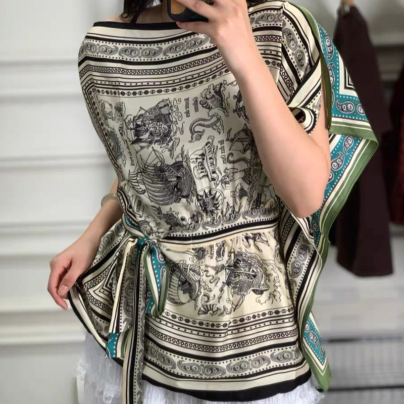Nanyou 26 Off-Shoulder Elegant High-Quality Reversible Silk Double Georgette Fashion Positional Print Versatile Top