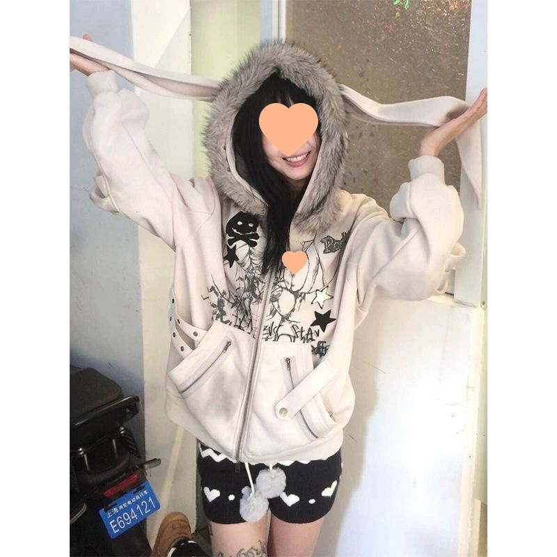 亚比兔耳连帽外套女秋冬季设计毛毛领宽松设计感小众加绒开衫上衣