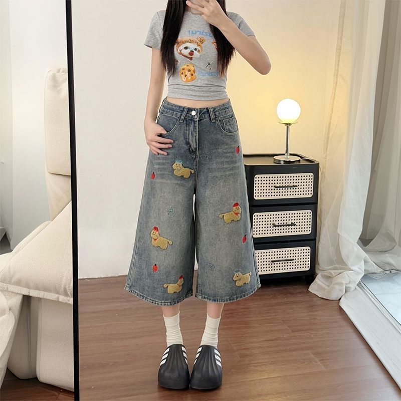 Plus-size American-style embroidered design women's summer new loose high-waisted slimming straight wide-leg cropped jeans Plus-size American-style embroidered design women's summer new loose high-waisted slimming straight wide-leg cropped jeans