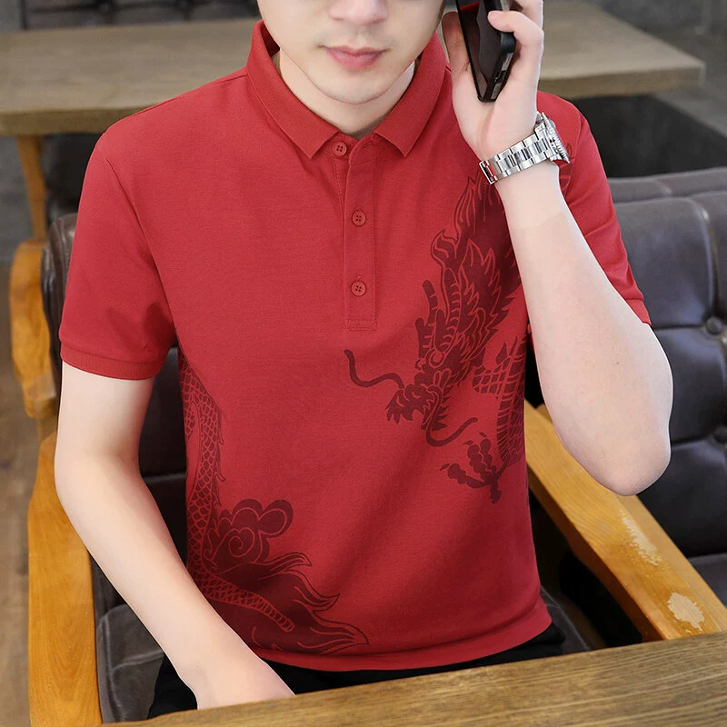 Летняя национальная тенденция в стиле дракона, основная рекомендуемая рубашка, новая рубашка с короткими рукавами и благоприятными лацканами, данные о рубашке с короткими рукавами
