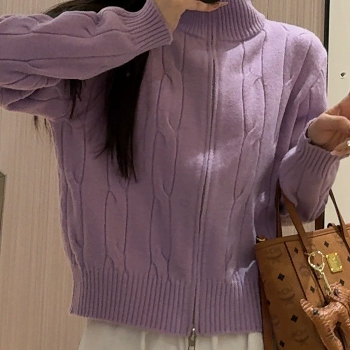 Дизайн темперамент полуводолазка свитер вязаный кардиган куртка женский 2024 зима новый женский шик топ фиолетовый