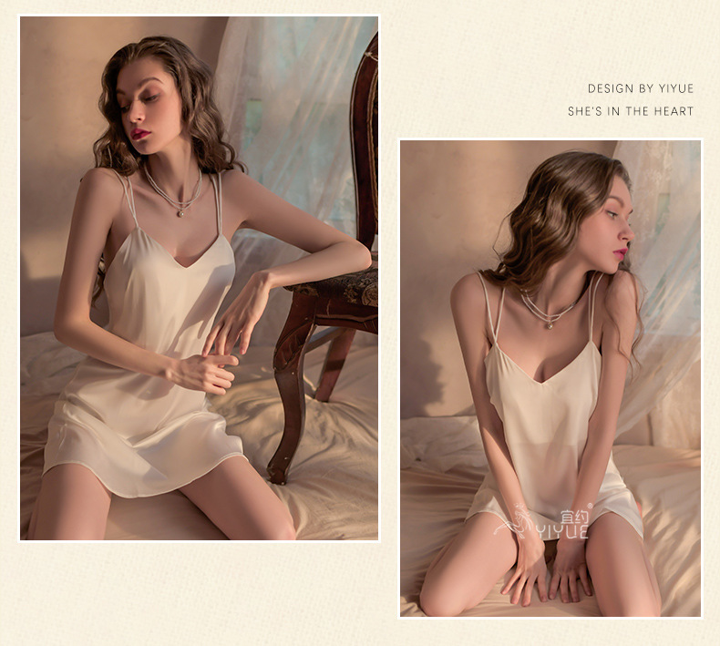 中国直邮 宜约 性感睡衣女吊带深V睡裙 绸缎家居服 白色 L