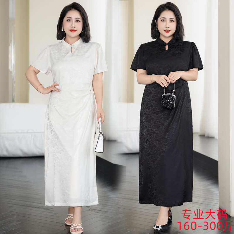 2024 Summer New Style Improved Satin Jacquard Cheongsam, Plus Size Mid-Length Slim Fit Short Sleeve Dress for Plus Size Women, 8580