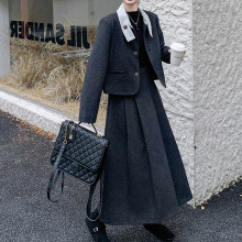 灰色学院风毛呢套装裙女秋冬两件套英伦复古ootd减龄爆款时髦流行