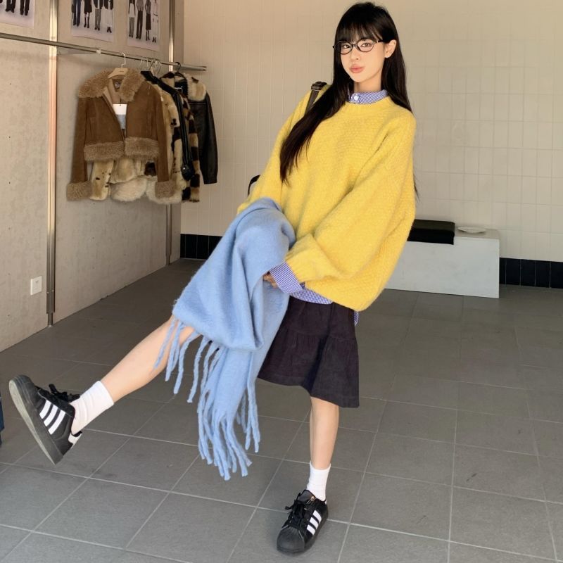 学院风时尚套装女韩系慵懒套头毛衣秋冬加厚针织衫百搭衬衫两件套|undefined