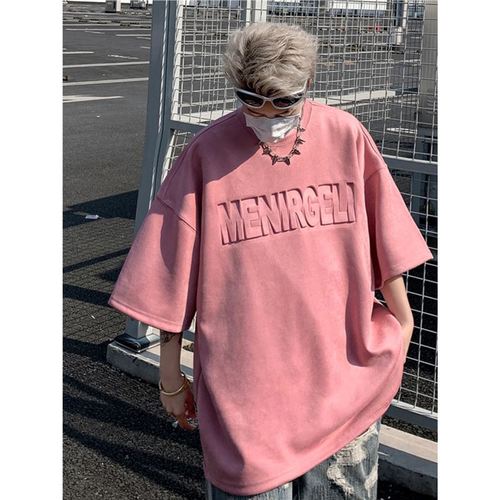 Pink Deer Skin Fleece Short-Sleeve T-Shirt for Men - Summer American Heavyweight Steel Print Retro Base Layer Loose Casual Half-Sleeve Tee