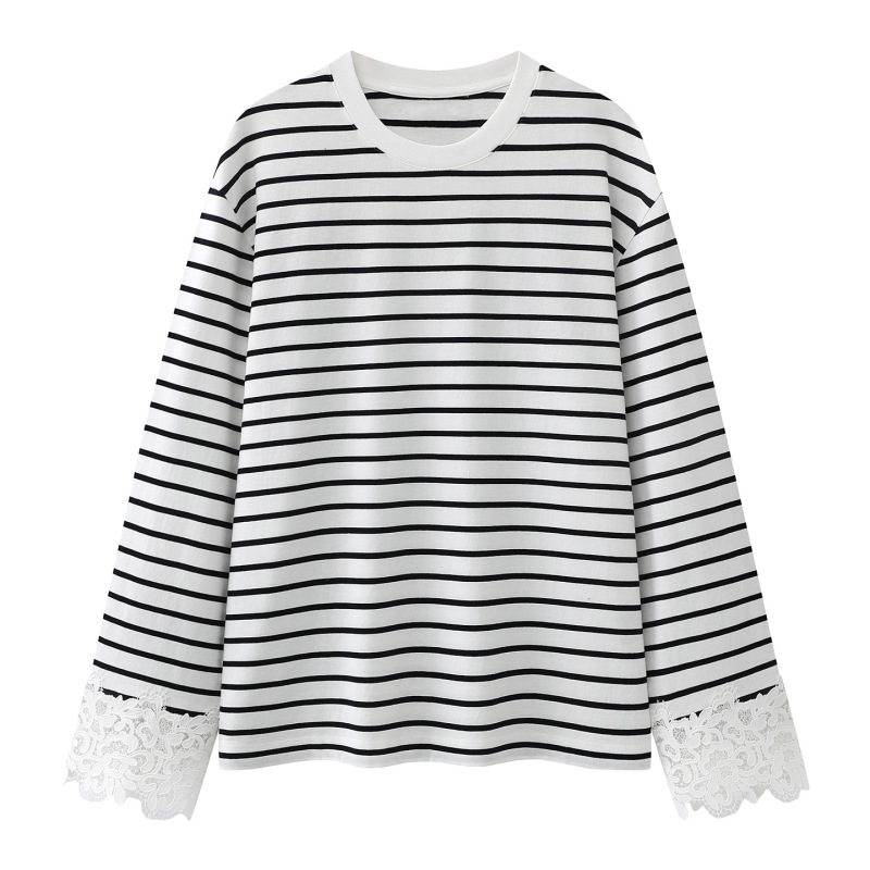 In Stock 2026 Spring New Fashion Casual Versatile Round Neck Striped Cuff Lace Splicing T-Shirt for Women Mbf1Tee036 In Stock 2026 Spring New Fashion Casual Versatile Round Neck Striped Cuff Lace Splicing T-Shirt for Women Mbf1Tee036
