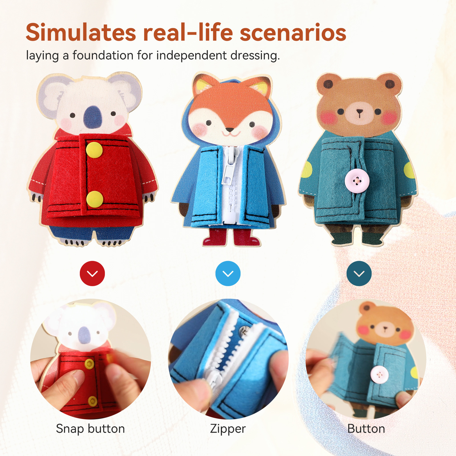 Cerebro manual puzzle animal pieza de madera vestir ropa ocupada placa botón cremallera cognitiva aprendizaje cognitivo animal juguete