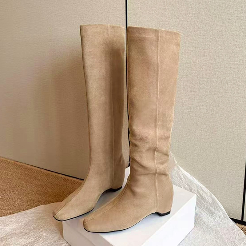 French Minimalist Style 5cm Height-Increasing Square-Toe Straight High Boots for Women, New Non-Slip Slim Knee-High Boots Size 40