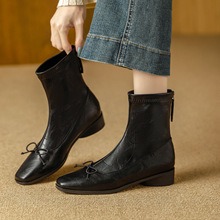 秋冬新款蝴蝶结方头短靴女后拉链软皮弹力瘦瘦靴时尚百搭复古女靴