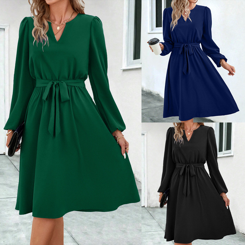 2026 Autumn and Winter New Cross-Border European and American Women's Clothing, Independent Site Amazon Best-Selling Long-Sleeve Small V-Neck Tie Dress