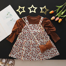 女宝宝假两件套碎花连衣裙婴儿公主裙子女童春款新款长袖一件代发
