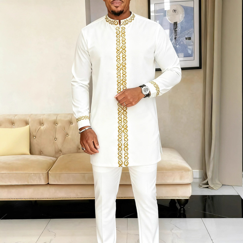 Foreign Trade Men's Suit African Style Men's Long Sleeve Embroidery 2 Piece Suit Holiday Wedding Business Suit