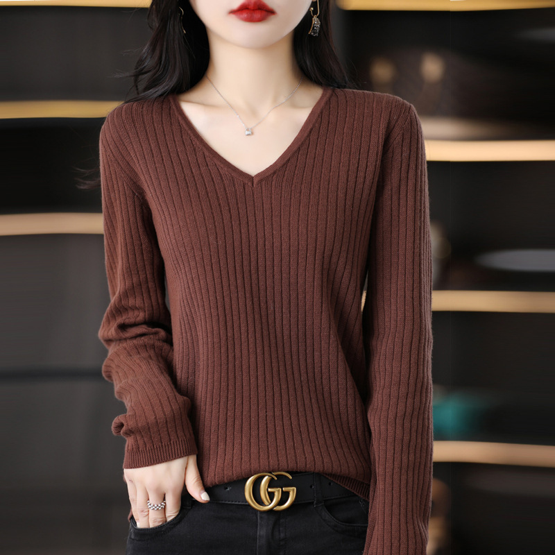 Spring and Autumn Cotton Long-sleeved Knitted Sweater Women's V-neck Pullover Western Style Top Loose Drawstring Base Shirt Sweater