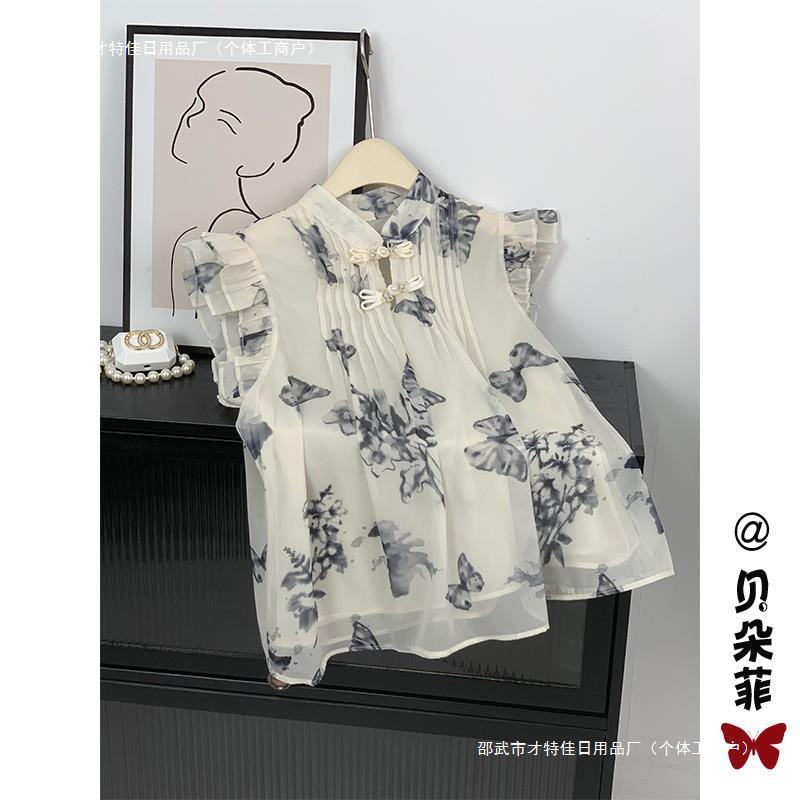 新中式国风水墨画雪纺上衣女夏季小衫设计感小众高级感飞飞袖衬衫