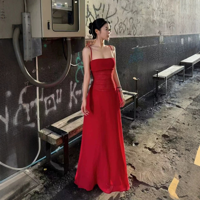 Hong Kong Style Retro Stunning Red Design Strapless Dress for Women, Summer Flowing Vacation Long Dress Gown Hong Kong Style Retro Stunning Red Design Strapless Dress for Women, Summer Flowing Vacation Long Dress Gown