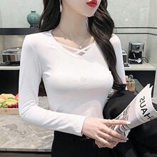新款棉露秋冬锁骨上衣修身95黑色v领感长袖t恤女交叉性打底衫内搭