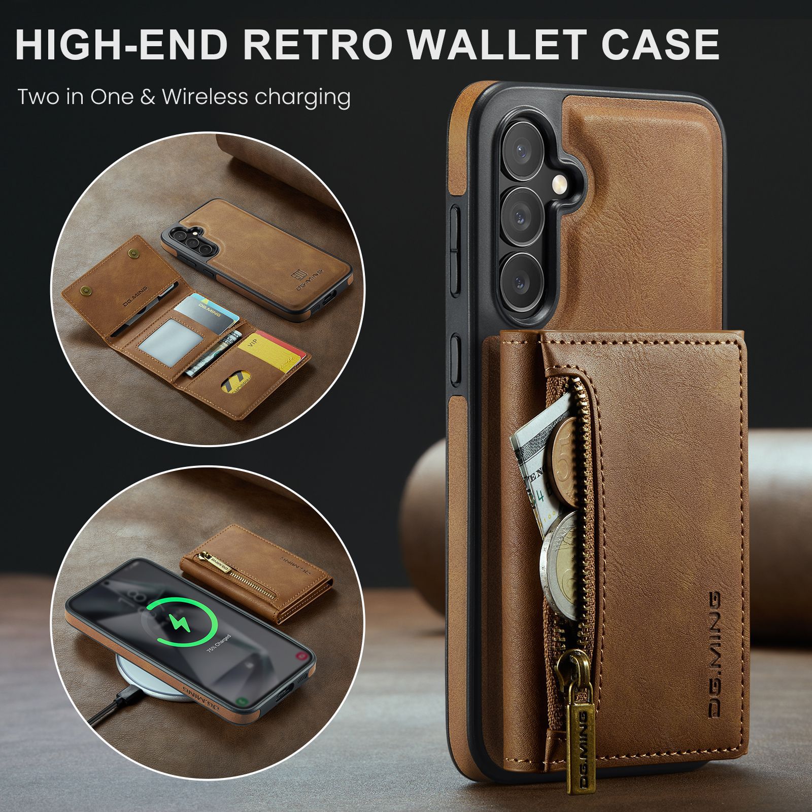 M5 für Samsung S24 magnetische kabellose Ladetelefonhülle S24 Plus Zwei-in-Eins-Anti-Diebstahl-Bürsten-Brieftaschen-Schutzhülle_voghion.com