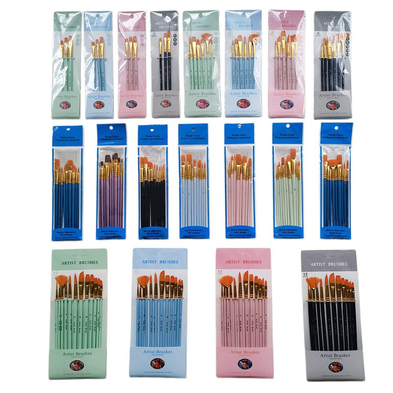 Amazon cross-border 3 6 12 15 10 oil brush set pearlescent blue rod nylon wool watercolor gouache brush