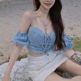 跨境夏季复古吊带背心女外穿小个子牛仔露肩前系带小衫ins背心潮