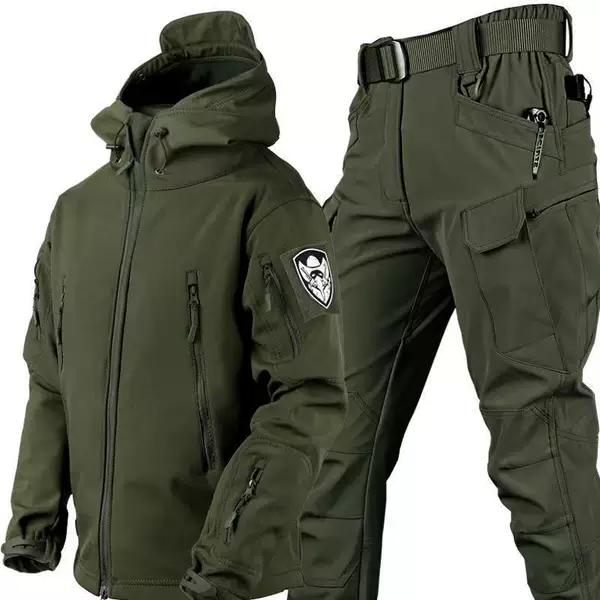 Autumn and Winter Tactical Sharkskin Soft Shell Jacket Suit Men's Outdoor Camouflage Training Fleece-Lined Warm Windproof Mountaineering Suit