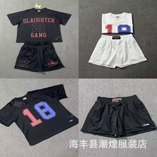 跨境外贸一座岛美式街头嘻哈21数字印花网眼宽松短袖t恤短裤套装