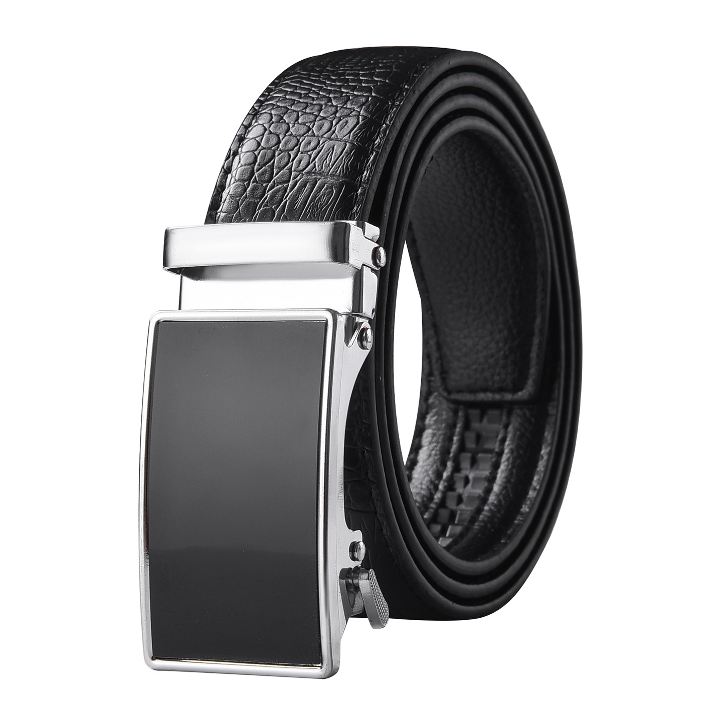 Silver-buckle cuadrado espejo carril negro cinturón