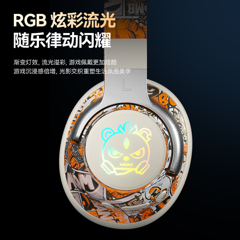 新款国潮涂鸦超强续航重低音发光头戴式无线蓝牙耳机可折叠爆款|undefined