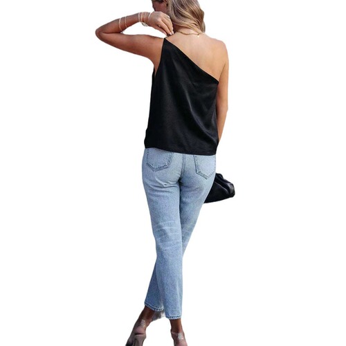 2025 Amazon Cross-border Spring and Summer New Elegant Commuting Satin Shirt Loose Casual Shoulder Color Denim Camisole for Women